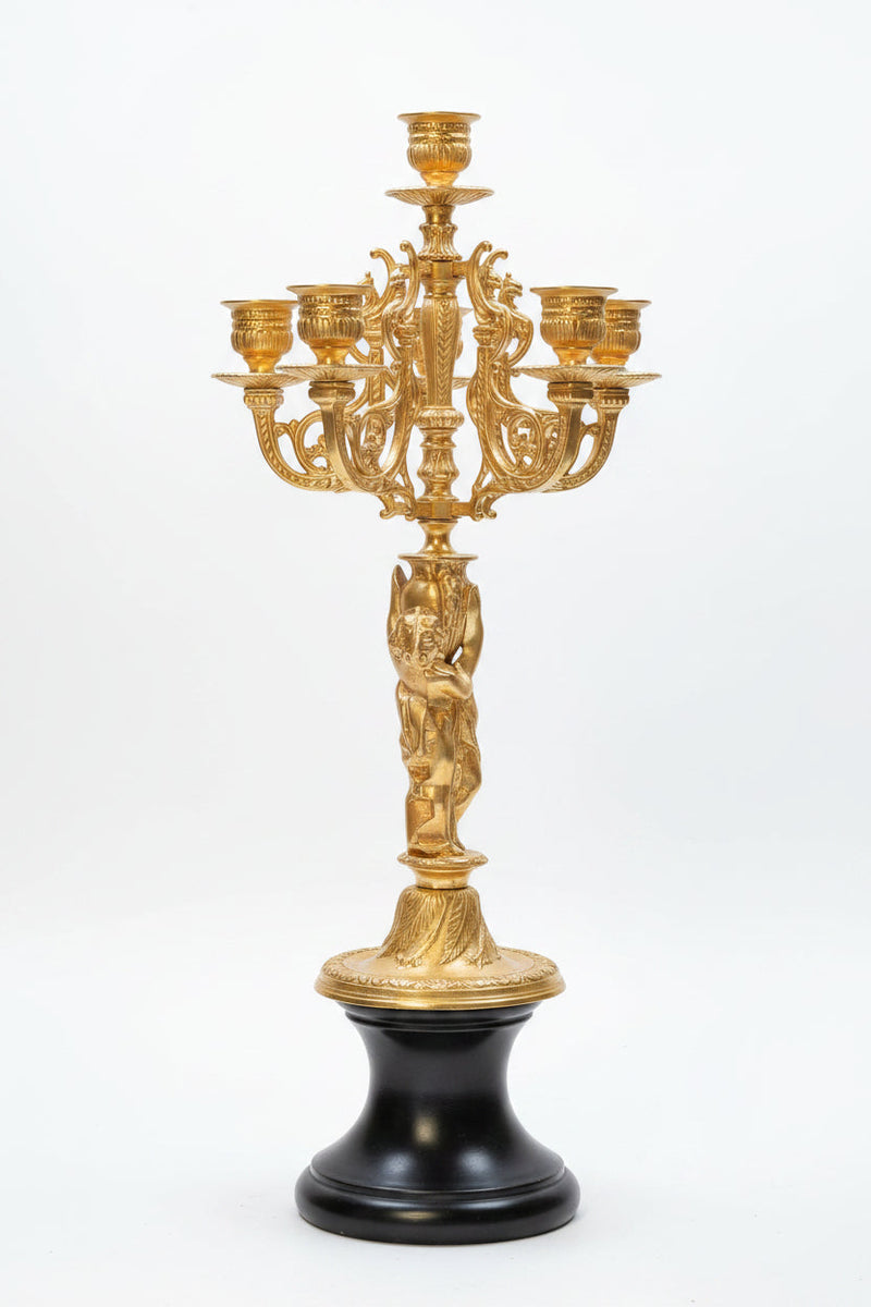 Antiquitäten & Nostalgie – Antike Barock-Kandelaber Kerzenständer – Vergoldete Bronze mit Putten, 2er Set, 64 cm