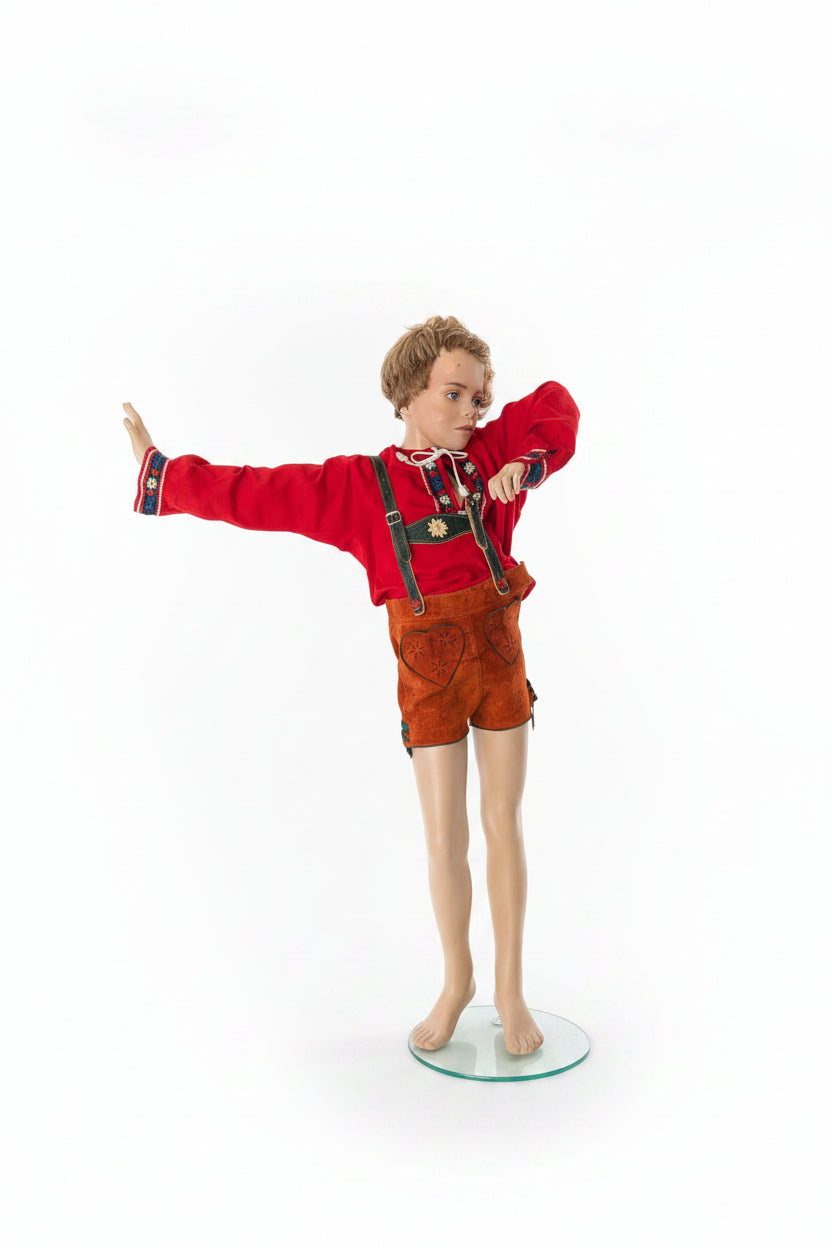 Mannequin vintage enfant garçon en cuir – Années 1970, Pièce de collection rare, env. 125 cm