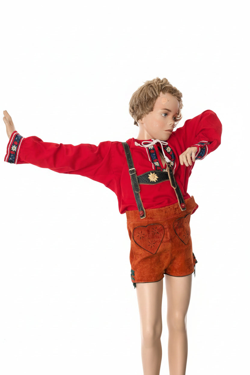 Mannequin vintage enfant garçon en cuir – Années 1970, Pièce de collection rare, env. 125 cm