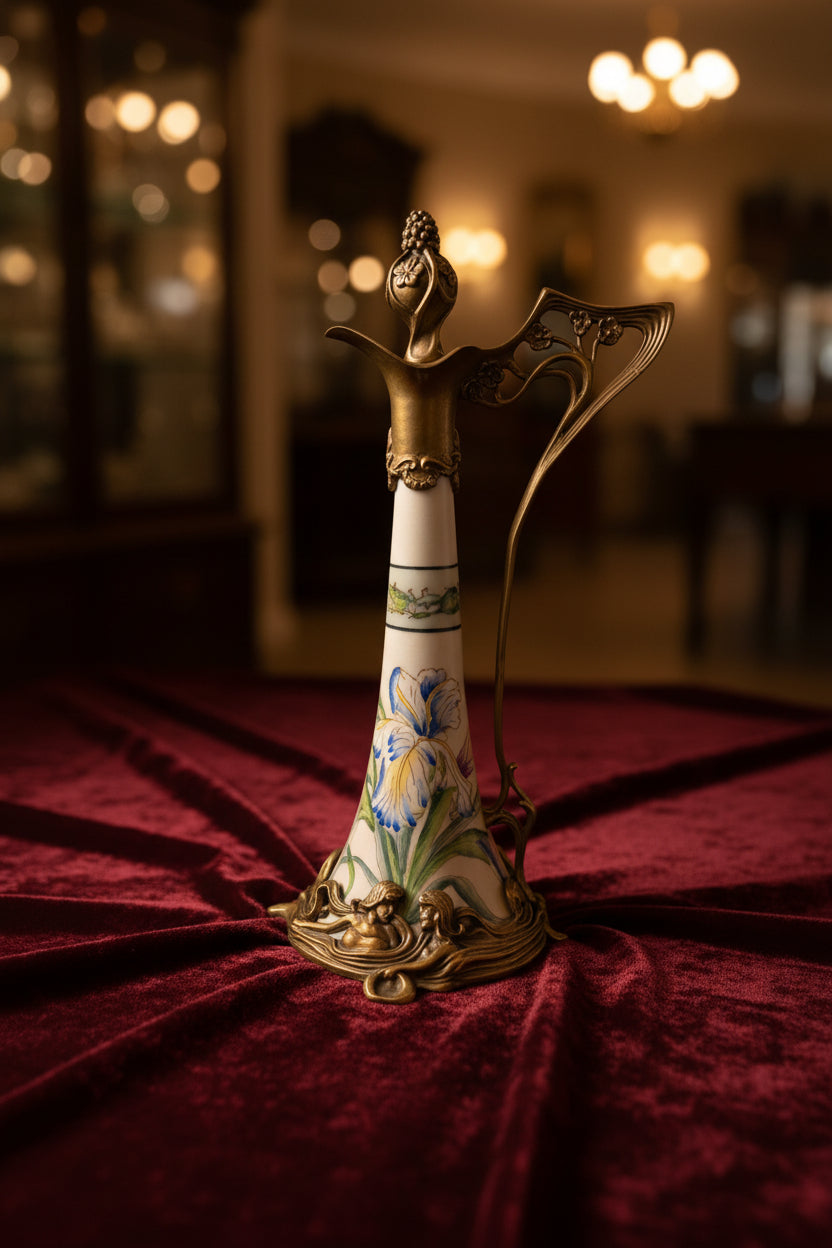Pichet Jugendstil en bronze et porcelaine à décor d'iris et de motifs géométriques