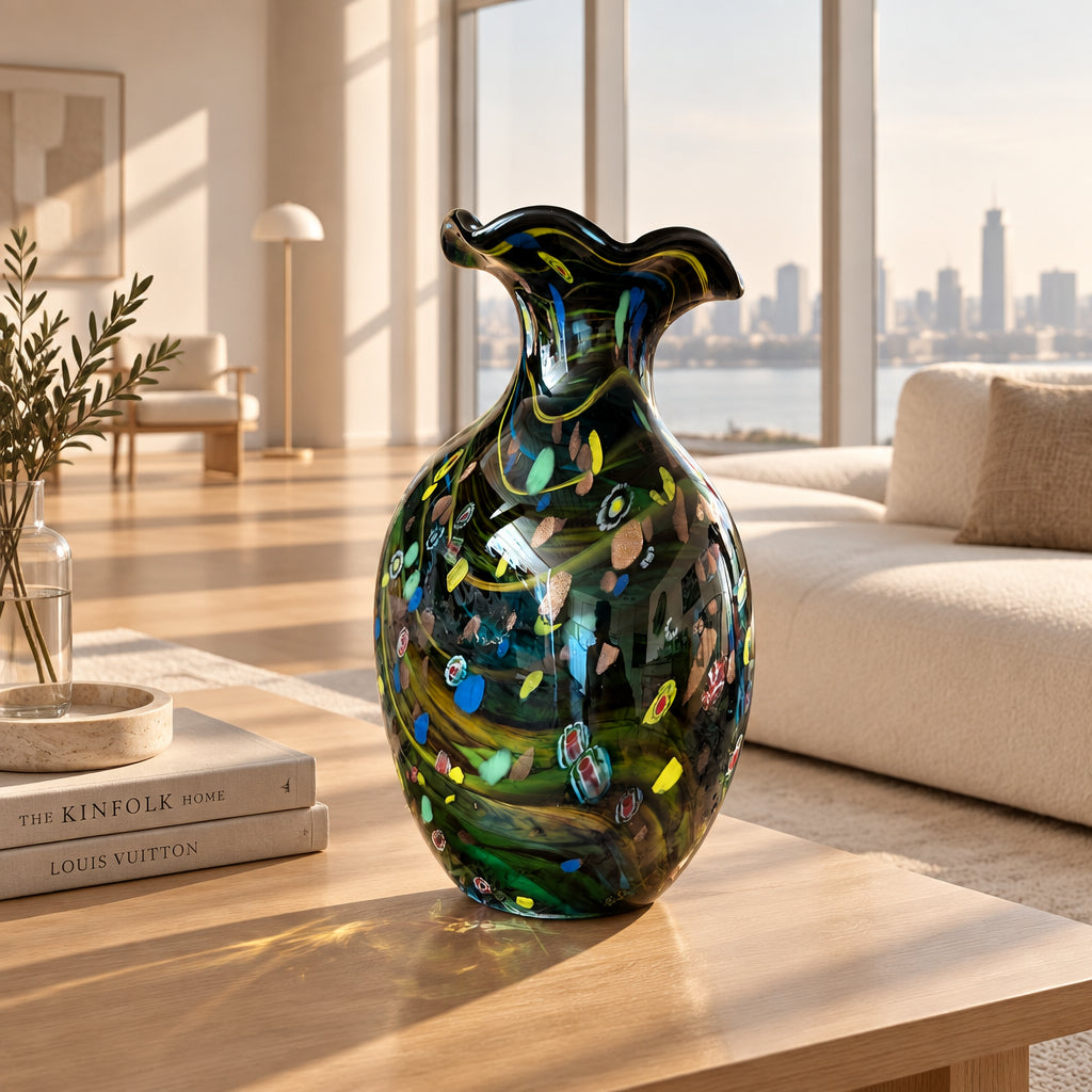 Grosse Murano-Vase – 45cm  Schwarz  Bunt Millelfiori -Vintage Murano Glas Italien