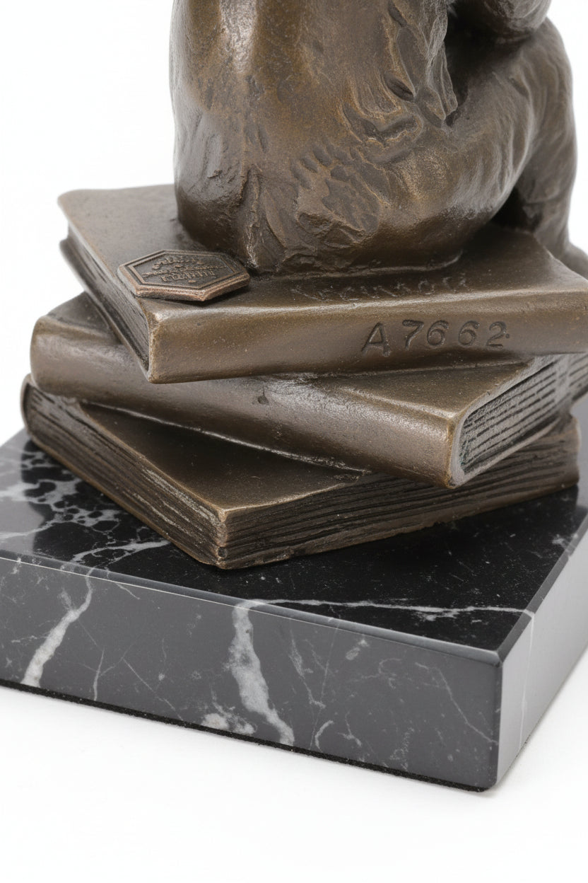 Figurine moderne en bronze, Singe pensif avec crâne – Signée, 100% bronze, 15 cm