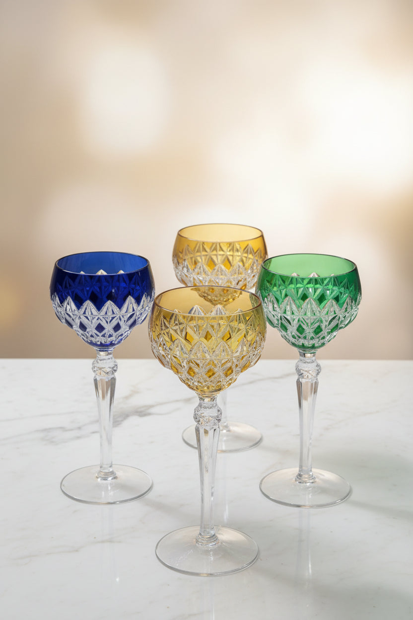 Verre en cristal antique, lot de 6 – Roumanie, années 1960/70, couleurs assorties