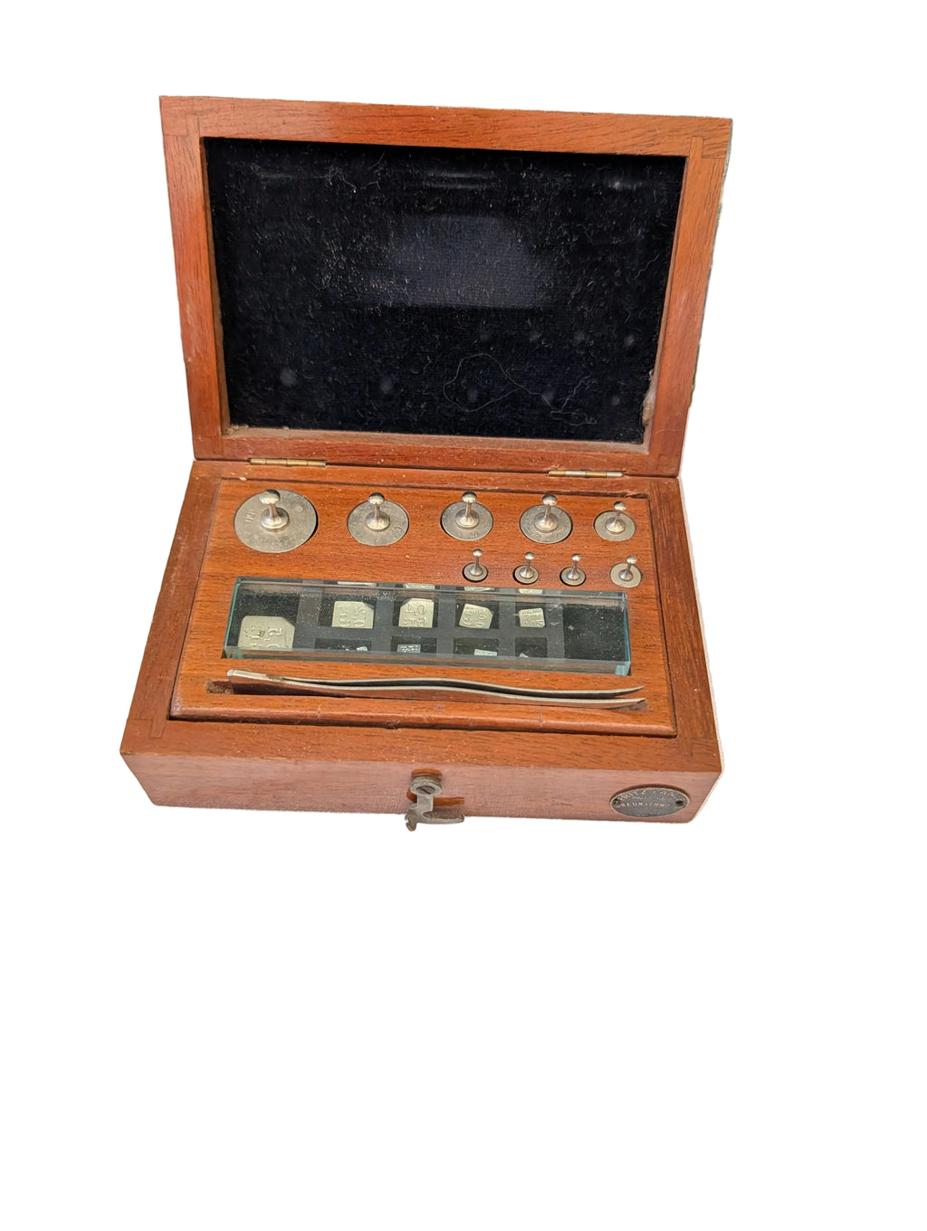 Petits poids dans boîte en bois 11x9 cm – Ensemble de mesure antique