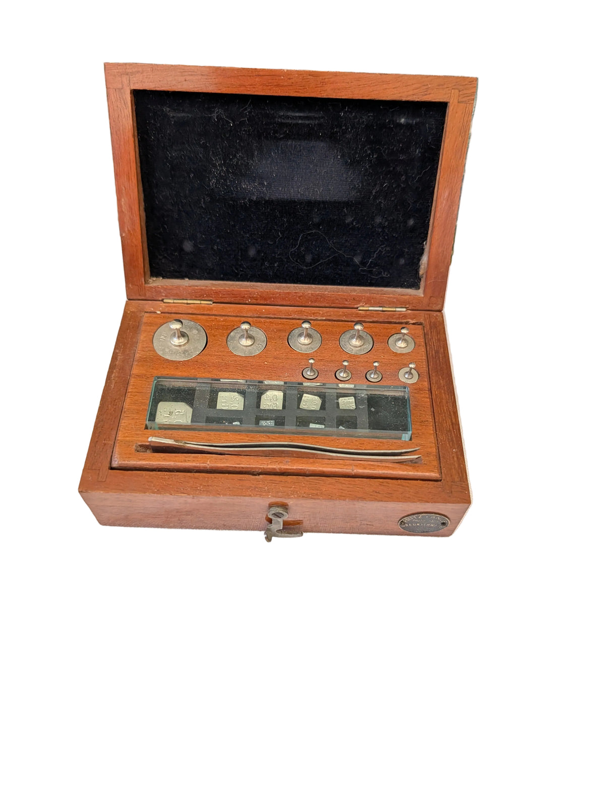 Petits poids dans boîte en bois 11x9 cm – Ensemble de mesure antique