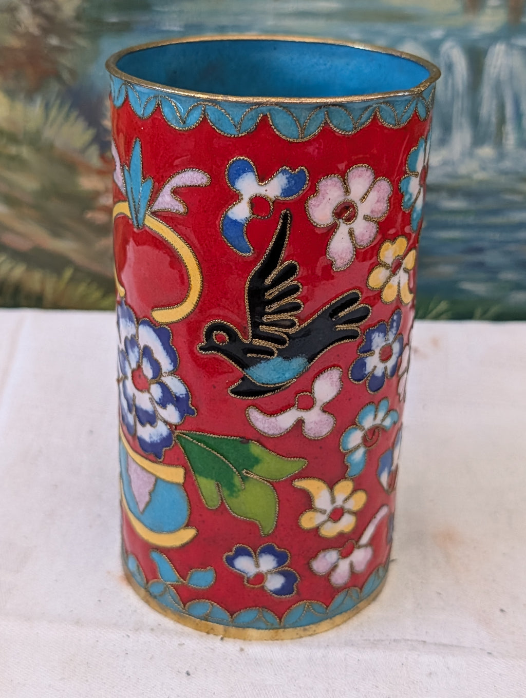 Cloisonné Vase Rot 14 cm – Vogel- und Blütendekor