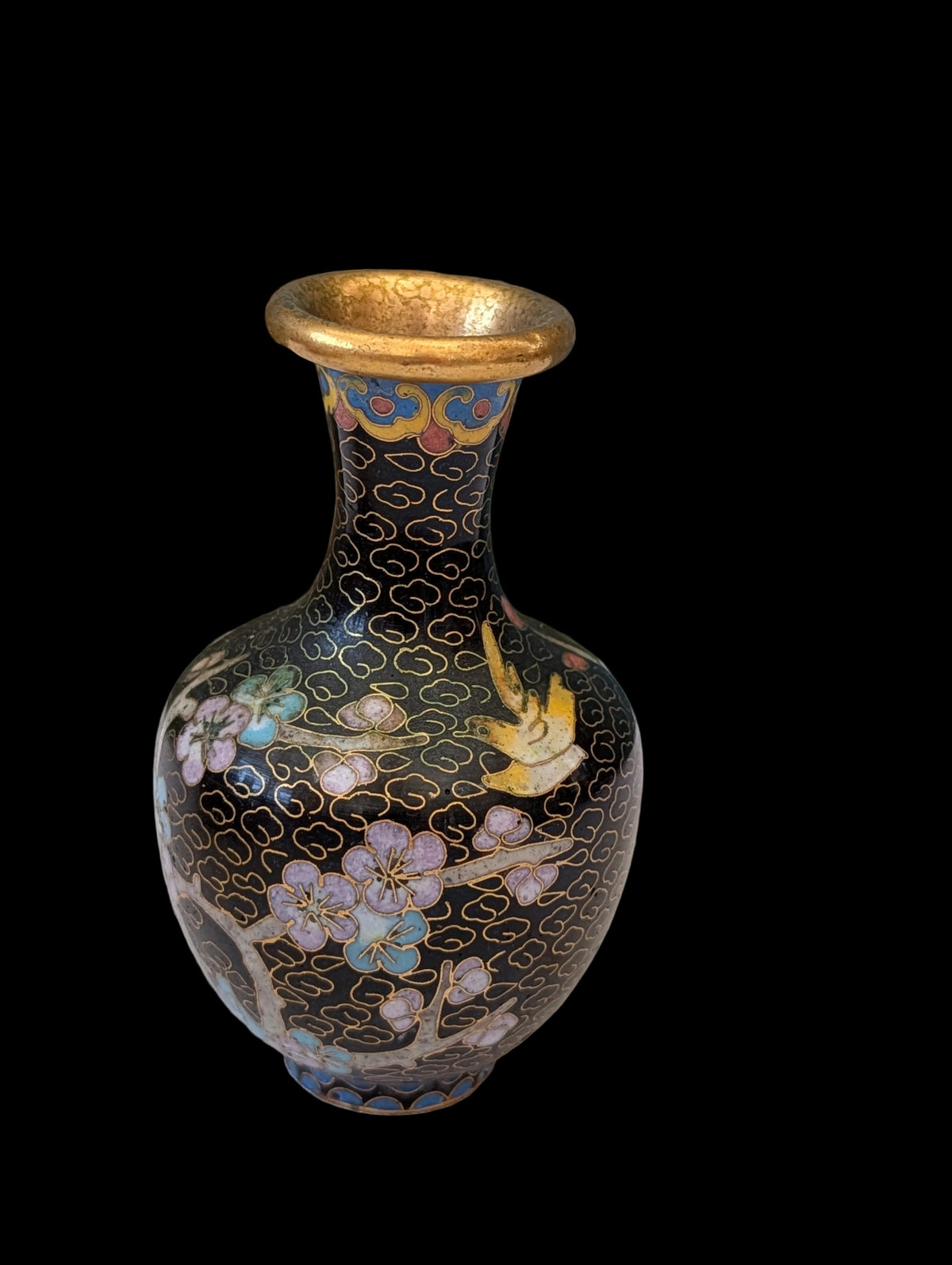 Cloisonné Vase Gold Schwarz 12 cm – Antike Emaillearbeit