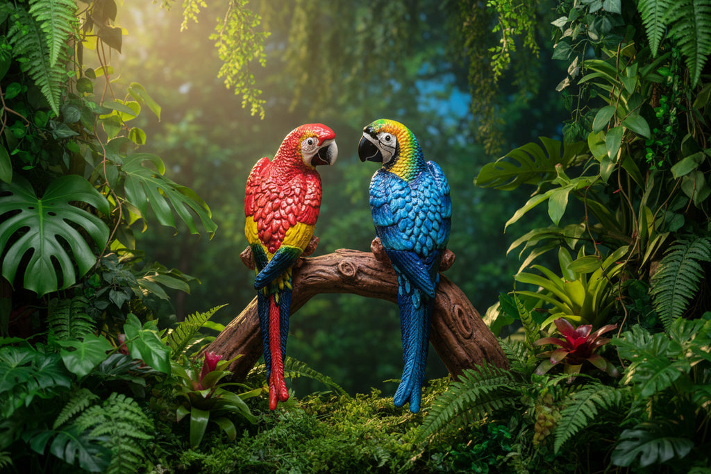 Figurines perroquets en fonte – Ara bleu et jaune & Ara chloroptère, 37 cm, Intérieur & Extérieur