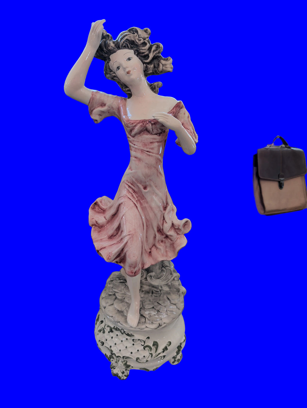 Antike Keramikfigur Dame im rosa Kleid – Handgemalt, Italien, 88 cm