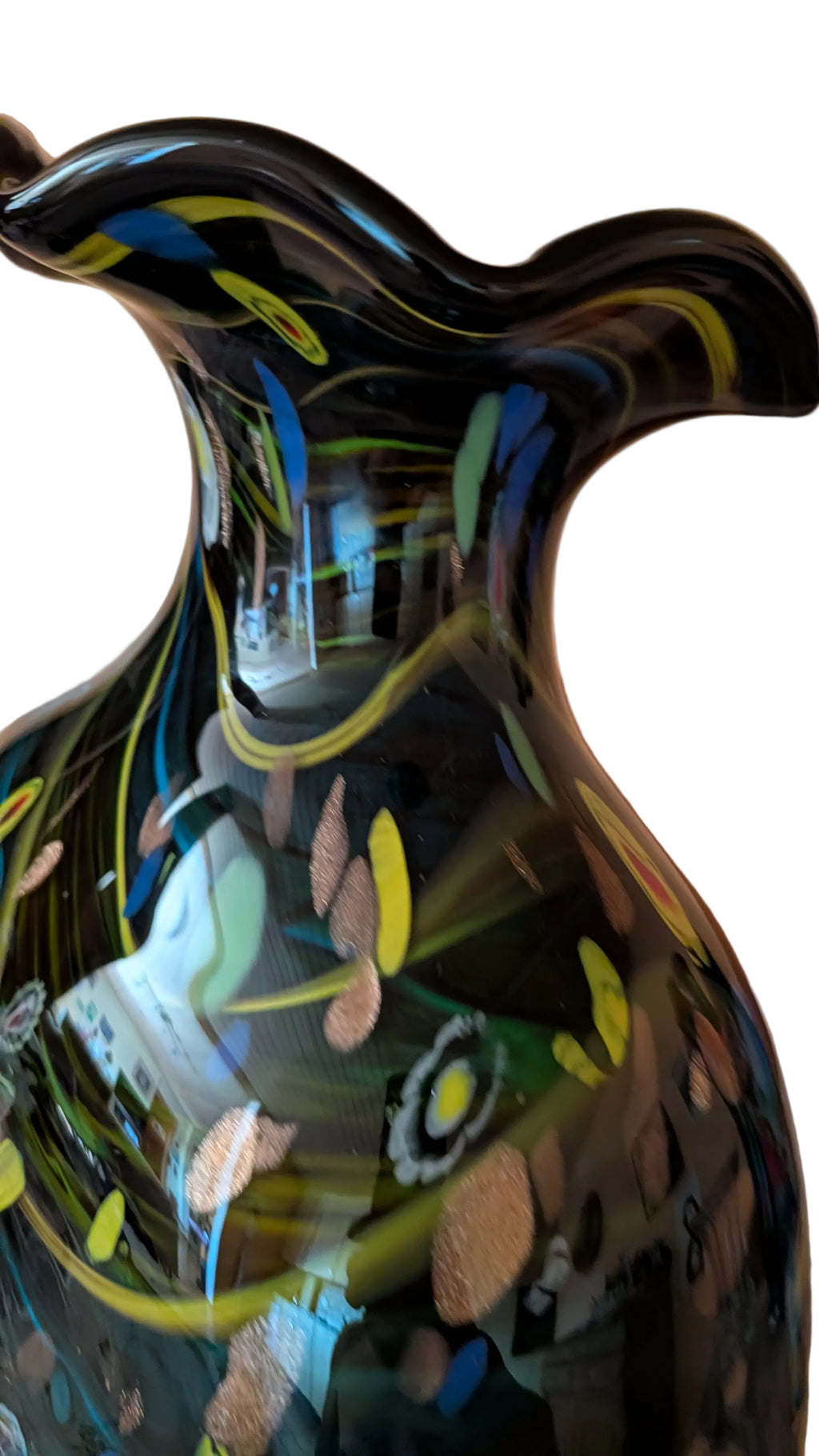 Grosse Murano-Vase – 45cm  Schwarz  Bunt Millelfiori -Vintage Murano Glas Italien