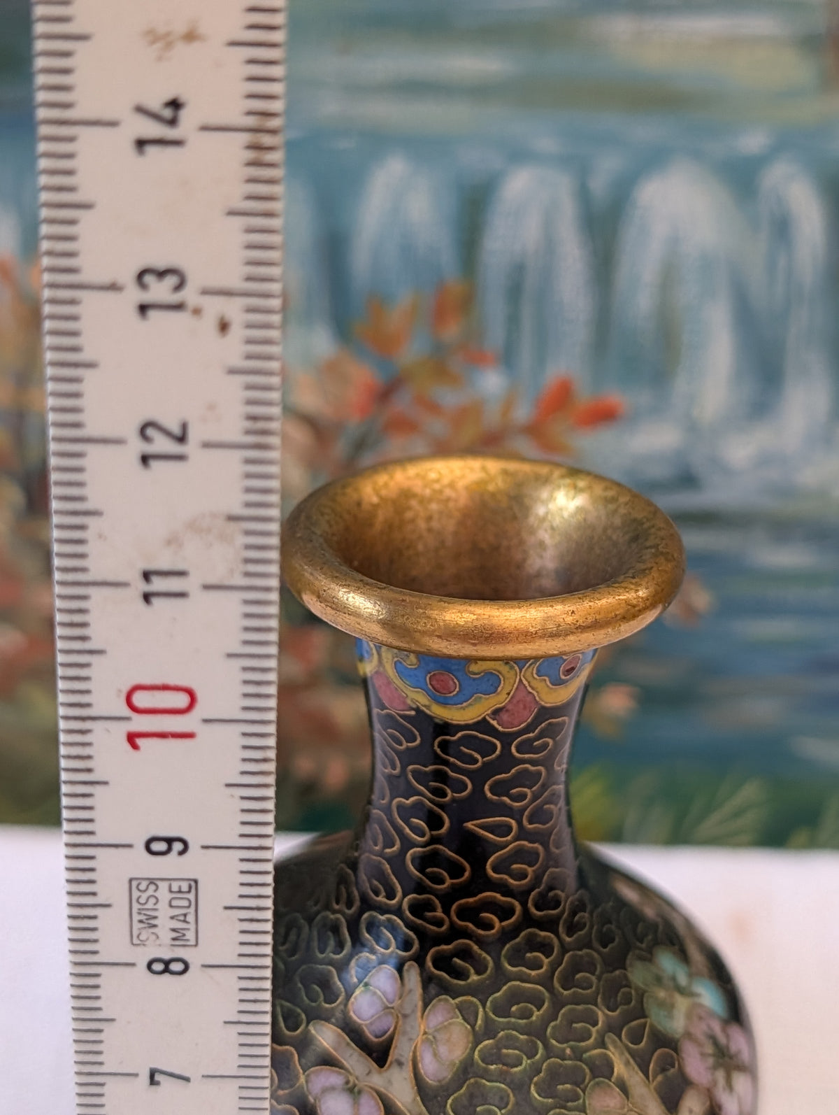 Cloisonné Vase Gold Schwarz 12 cm – Antike Emaillearbeit
