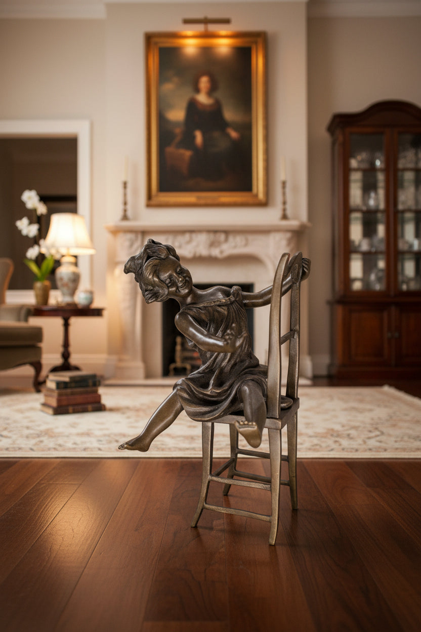 Bronze Figur Mädchen auf Stuhl – Feine Bronzeskulptur, Sammlerobjekt
