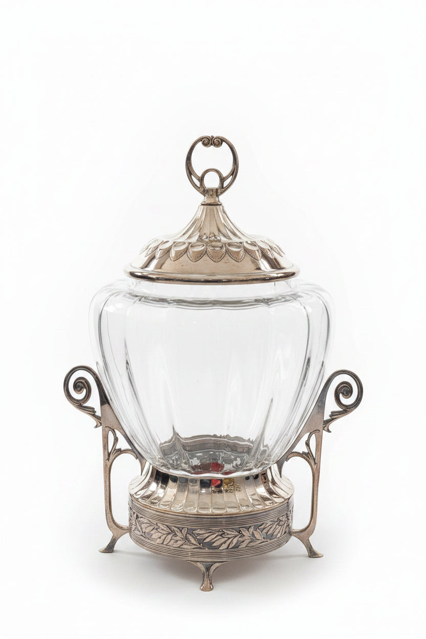 Amphore en verre avec couvercle argenté