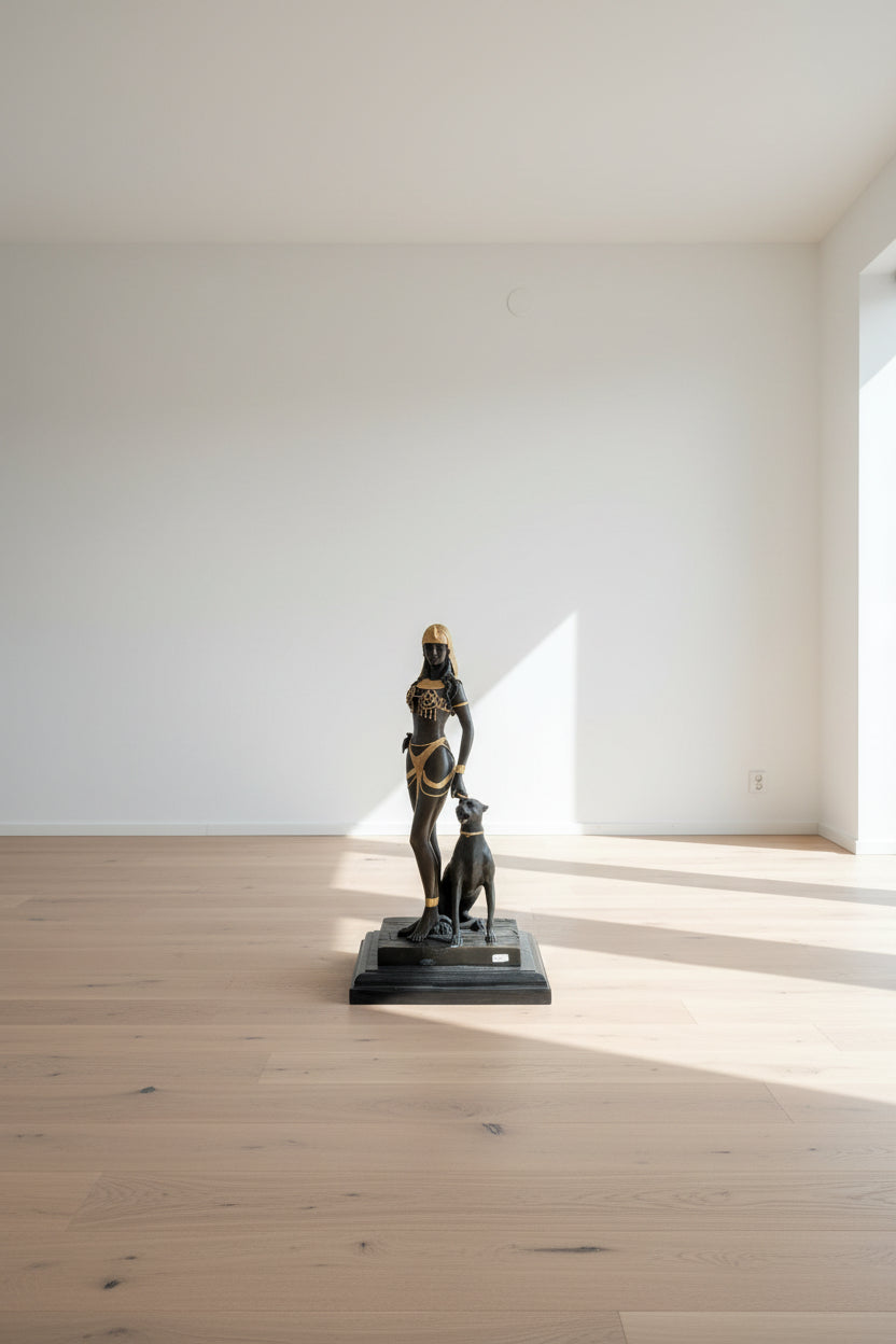 Cléopâtre avec panthère – Grande figurine dorée, pièce de collection