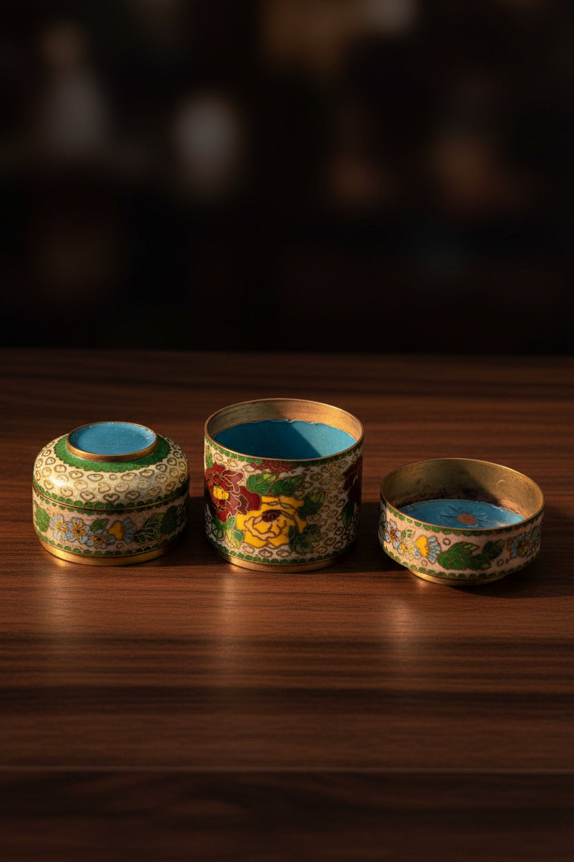 Boîte cloisonnée 3 pièces 13 cm – Émail ancien