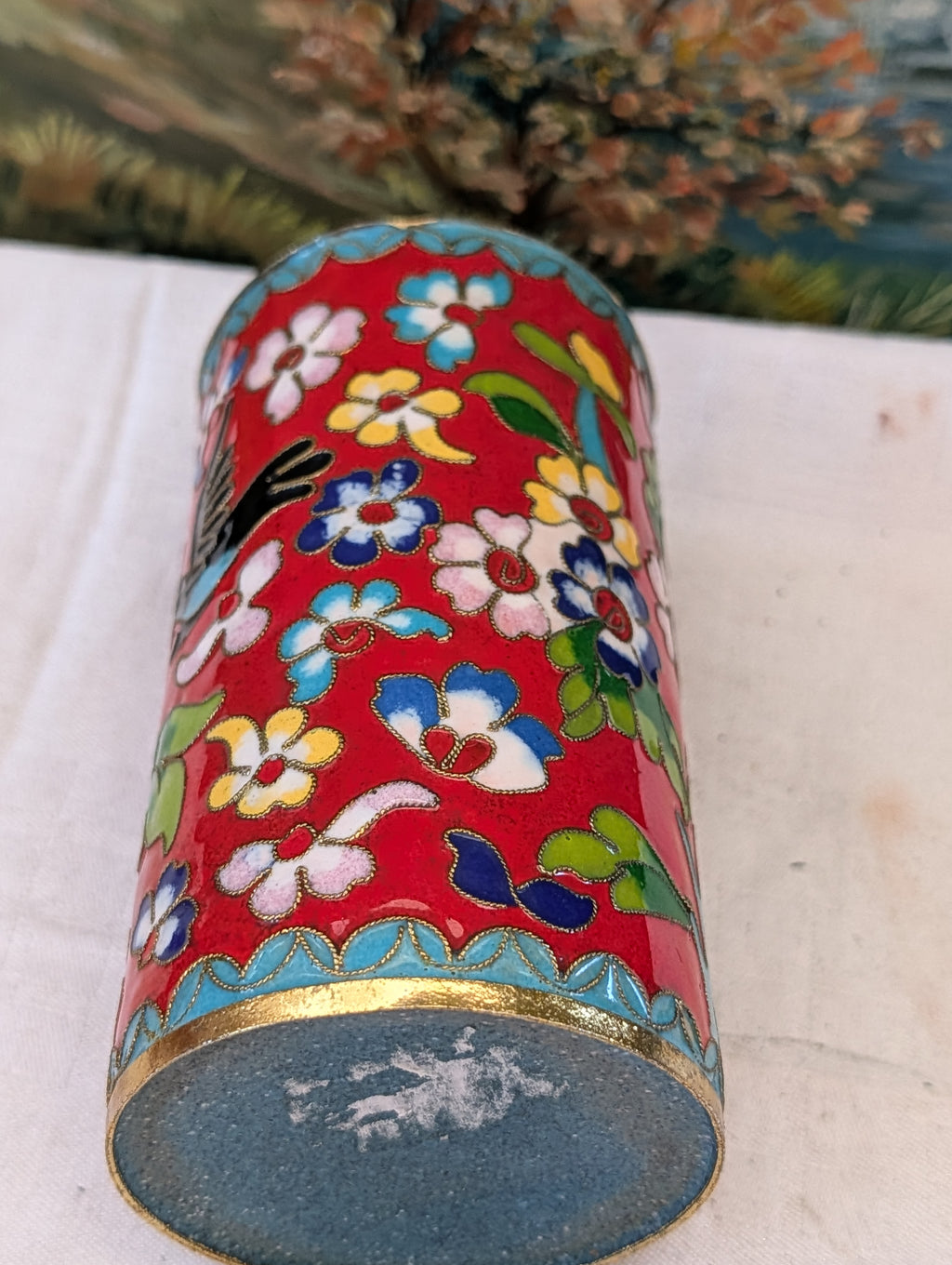 Cloisonné Vase Rot 14 cm – Vogel- und Blütendekor