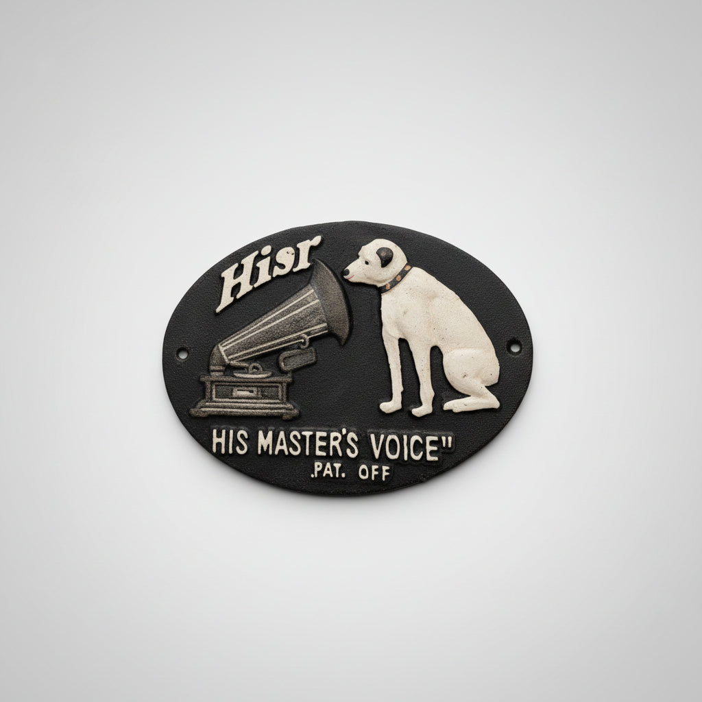 Enseigne publicitaire en fonte « His Master’s Voice » – Victor / Nipper, 30 x 18 cm