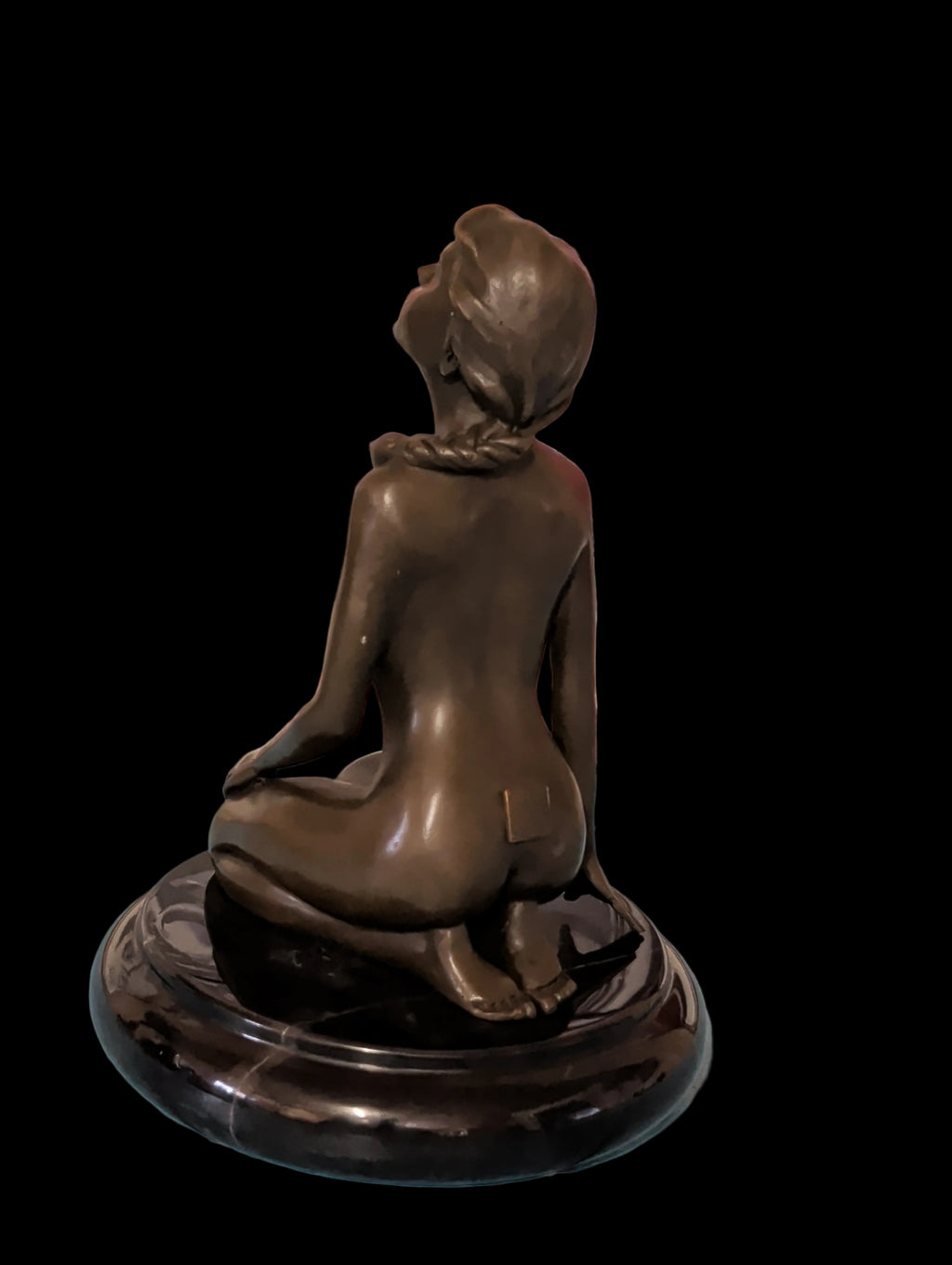 Sculpture moderne en bronze femme sur socle rond en marbre - Signée, 100% bronze, 21 cm