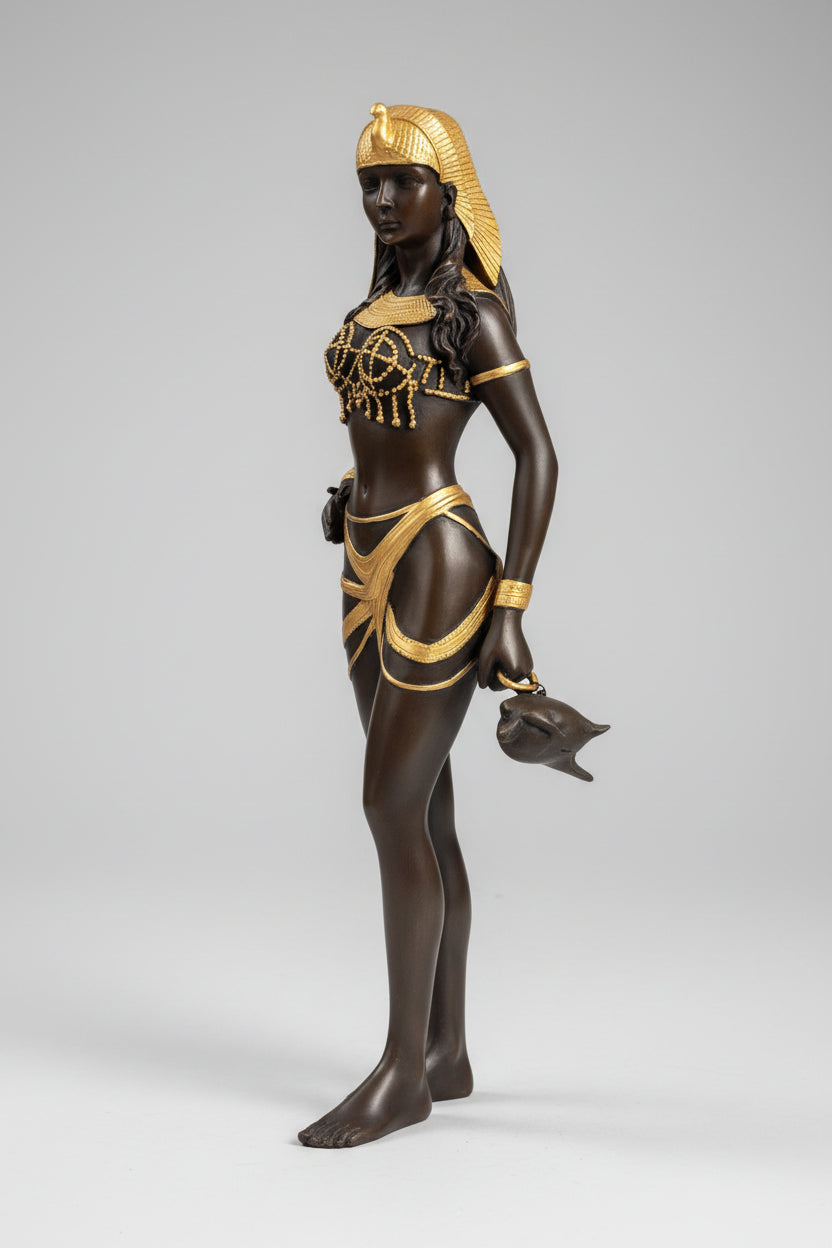 Cléopâtre avec panthère – Grande figurine dorée, pièce de collection