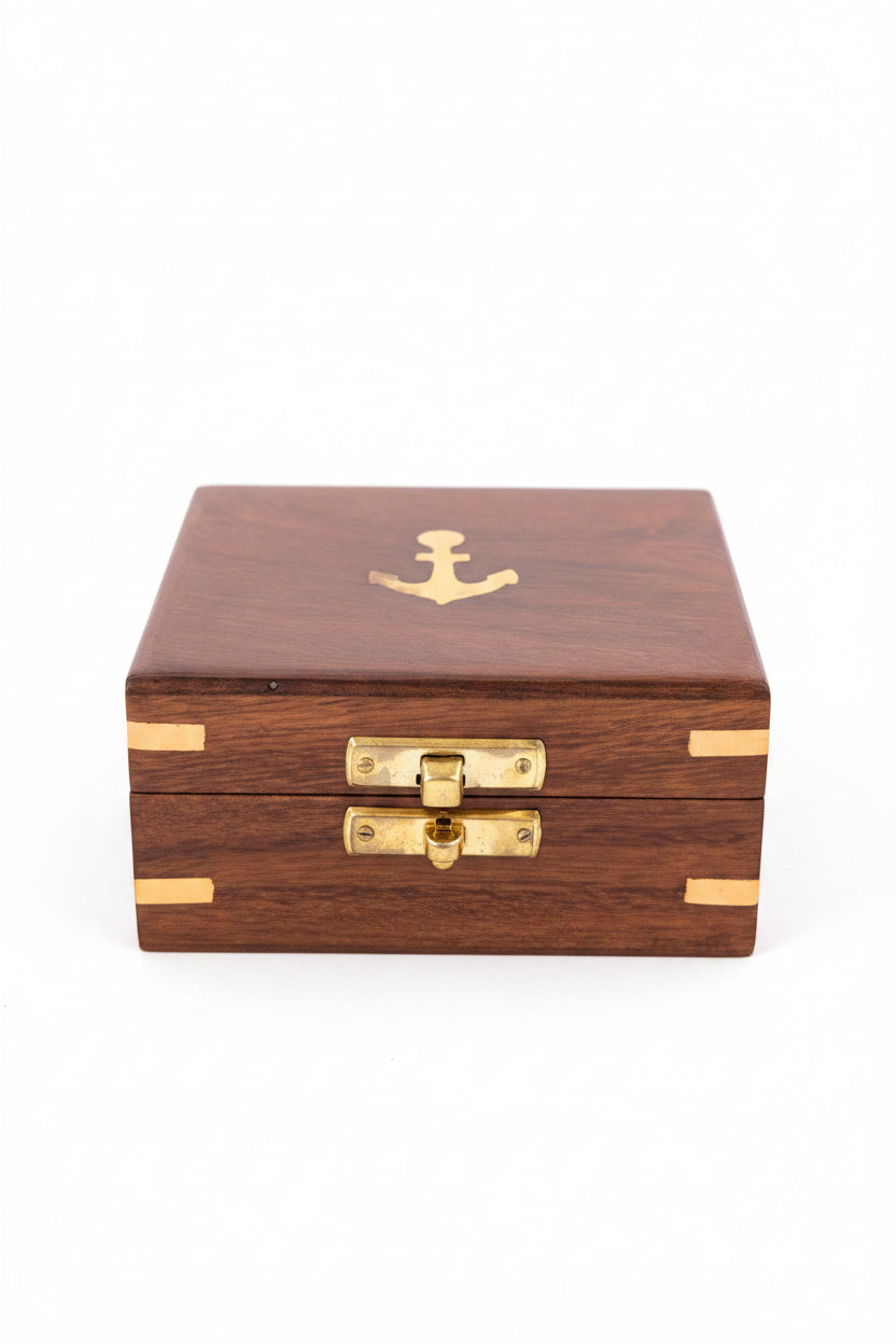 COMPAS NAUTIQUE VINTAGE STANLEY LONDON EN LAITON SINUS NATUREL DANS UNE BOÎTE EN BOIS