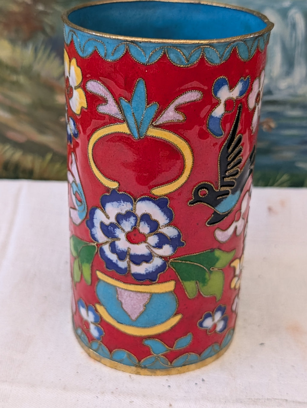 Cloisonné Vase Rot 14 cm – Vogel- und Blütendekor