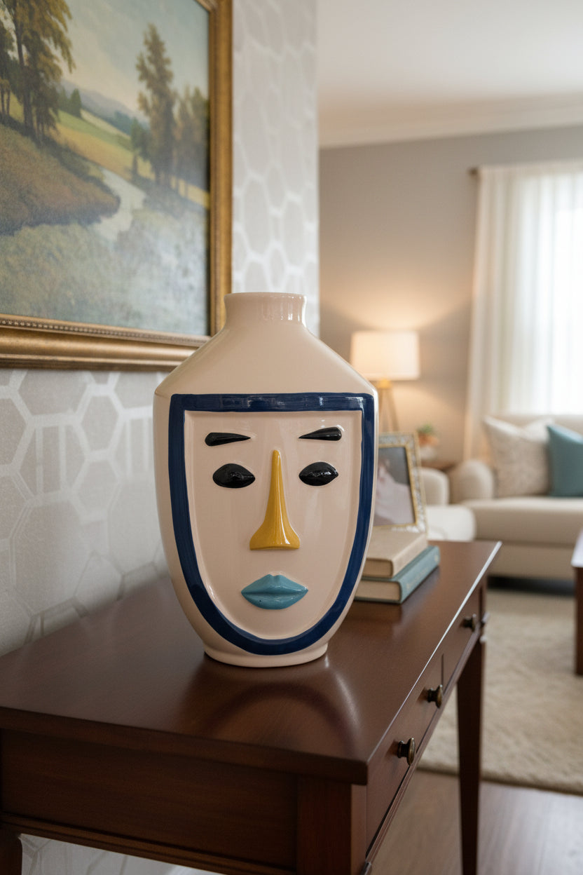Vase visage en porcelaine 31 cm – Sculpture avec visage en relief