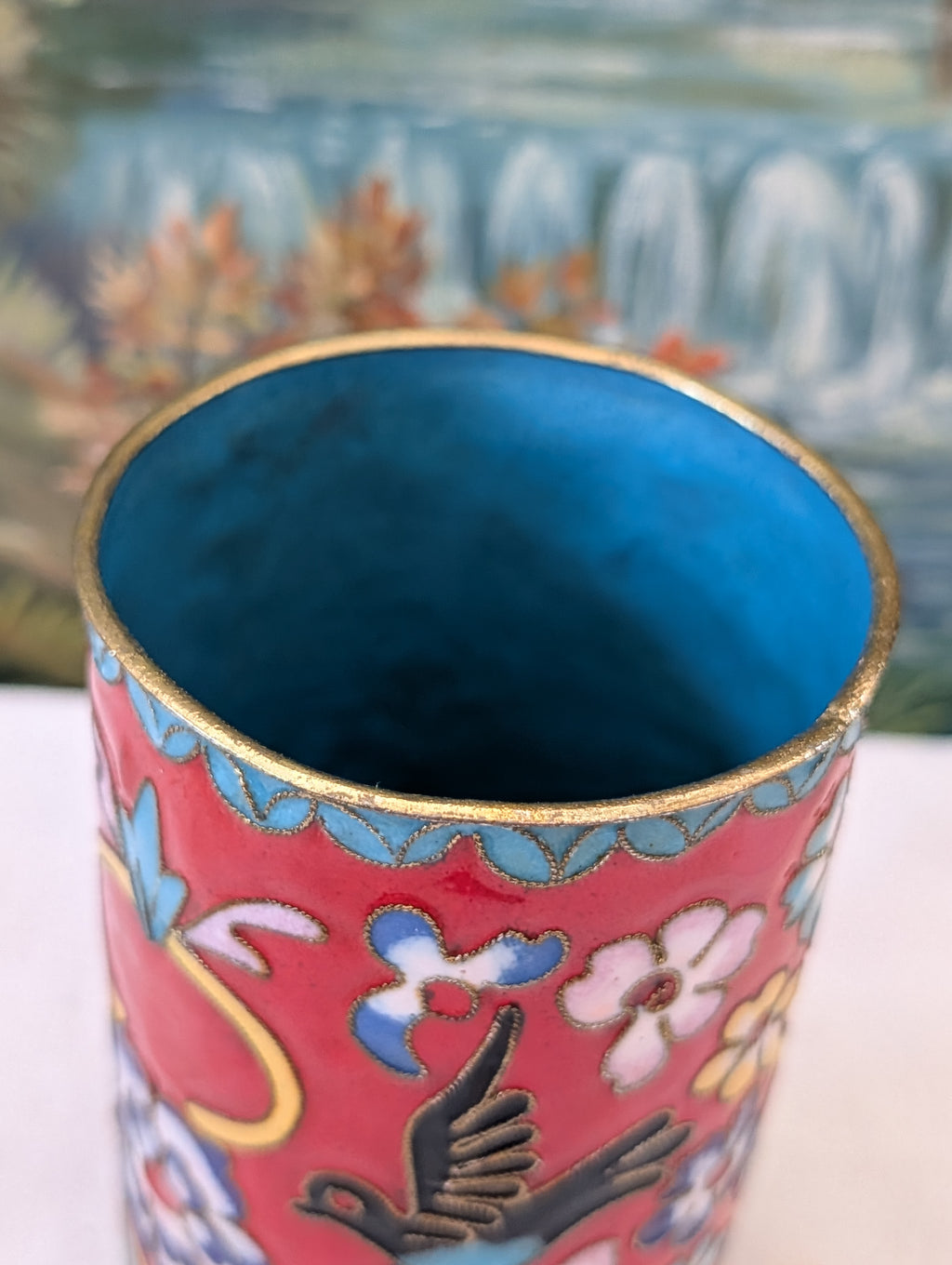 Cloisonné Vase Rot 14 cm – Vogel- und Blütendekor