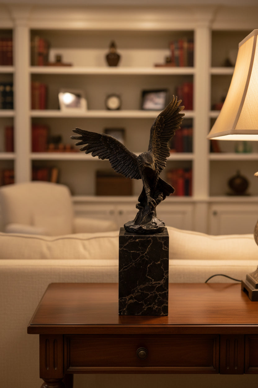 Moderne Bronzeskulptur Adler auf Marmorsockel – König der Berge, 100% Bronze, 36 cm