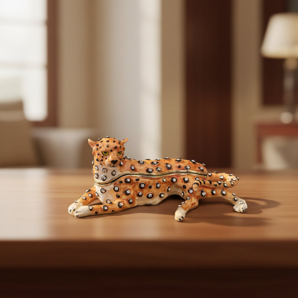 Boîte à pilules décorative en étain émaillé léopard 11 cm