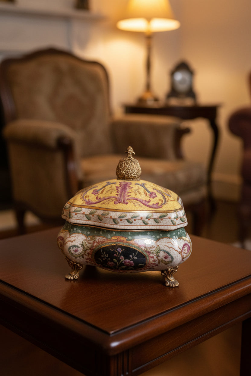 BOÎTE À BIJOUX ORNEMENTALE D'INSPIRATION VINTAGE AVEC FINIAL CYGNE ET MOTIF FLORAL