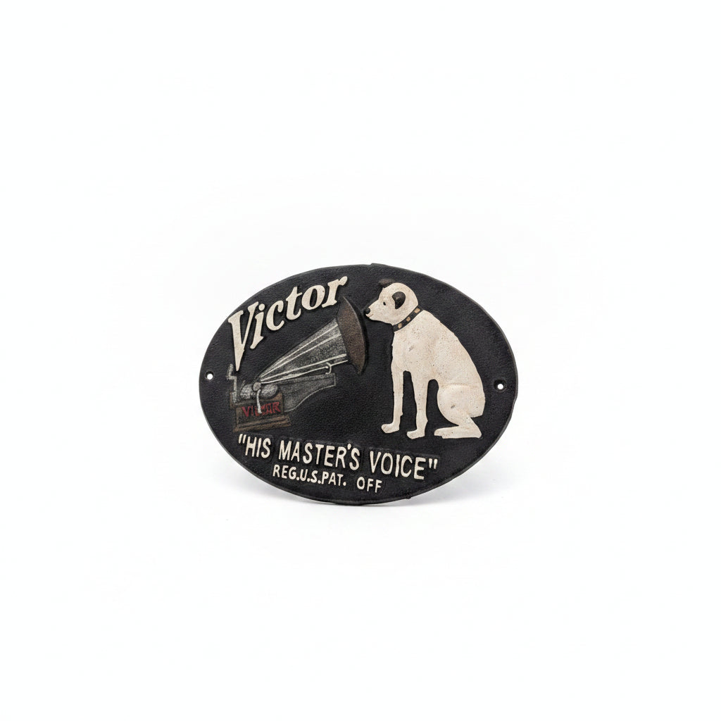 Enseigne publicitaire en fonte « His Master’s Voice » – Victor / Nipper, 30 x 18 cm