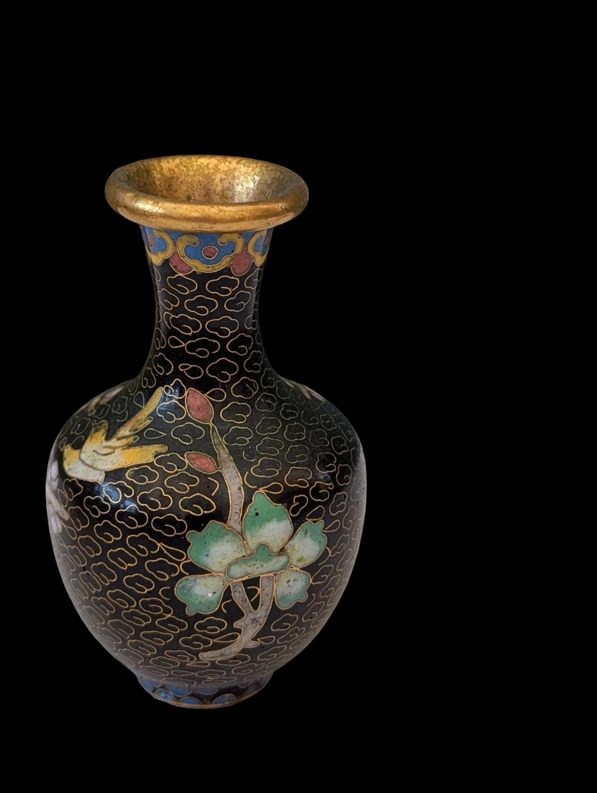 Cloisonné Vase Gold Schwarz 12 cm – Antike Emaillearbeit