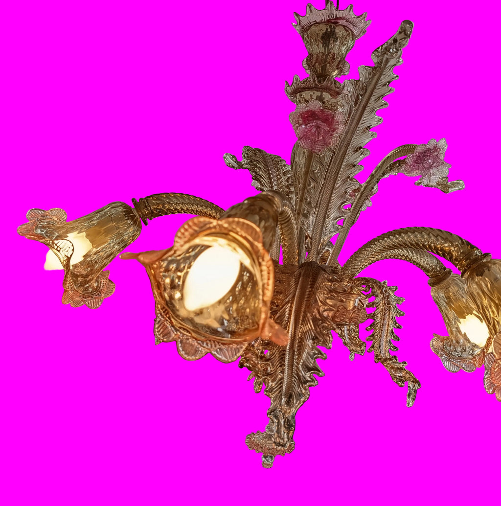 Lustre vénitien de Murano à 6 bras – Véritable verre de Murano, vintage vers 1940, pièce de collection
