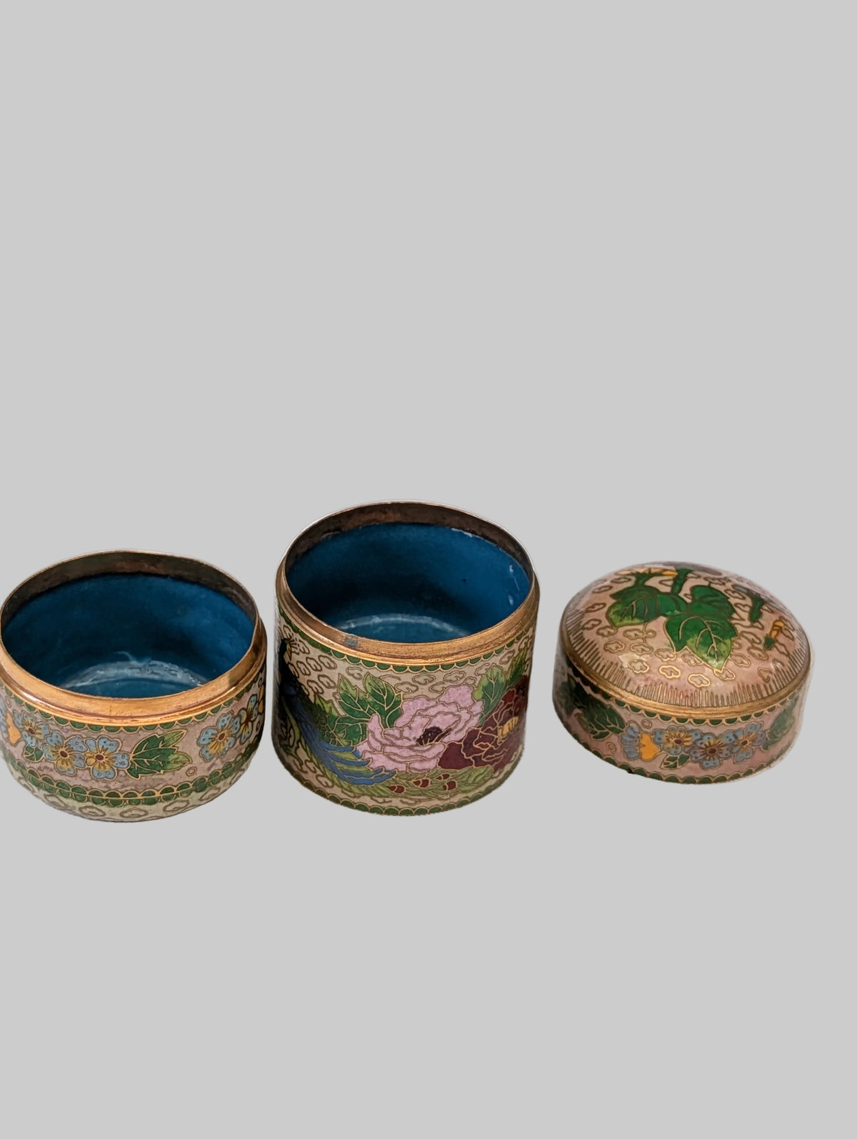 Boîte cloisonnée 3 pièces 13 cm – Émail ancien
