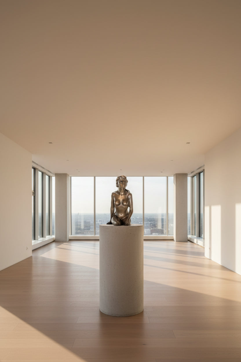 Sculpture moderne en bronze femme sur socle rond en marbre - Signée, 100% bronze, 21 cm