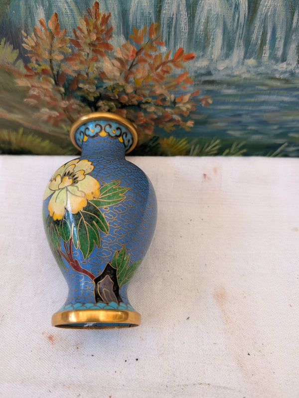Cloisonné Vase Blau 14 cm – Päonie auf Rankengrund