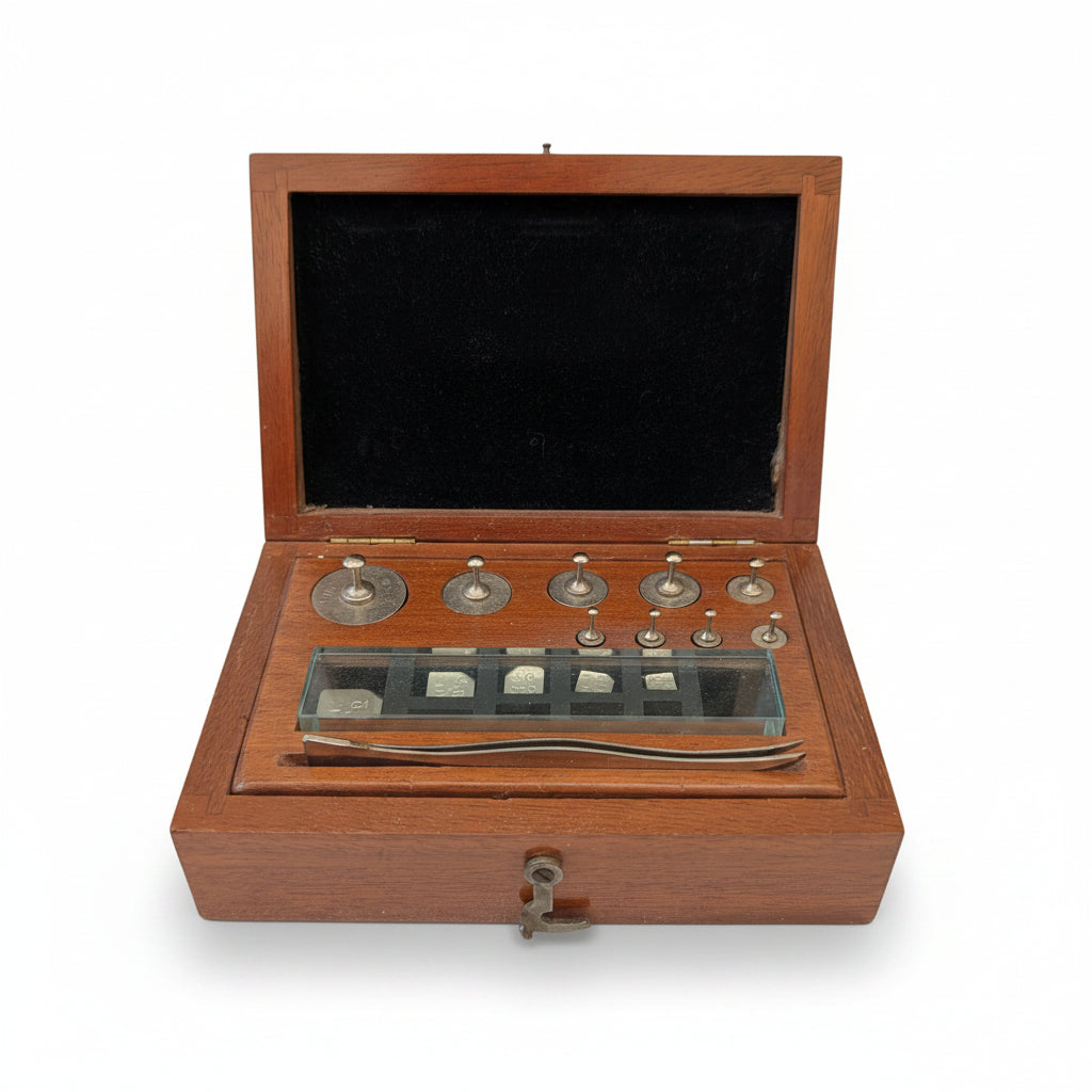 Petits poids dans boîte en bois 11x9 cm – Ensemble de mesure antique