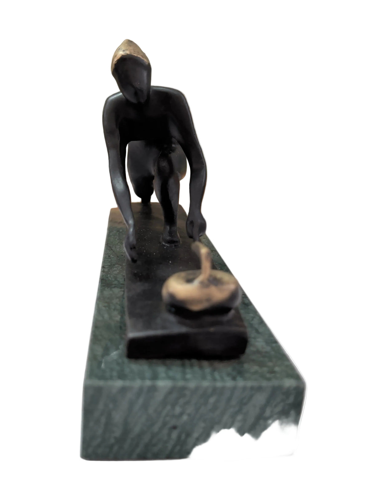 Figurine en bronze joueuse de curling style Art Déco – sur socle en marbre, pièce de collection Suisse