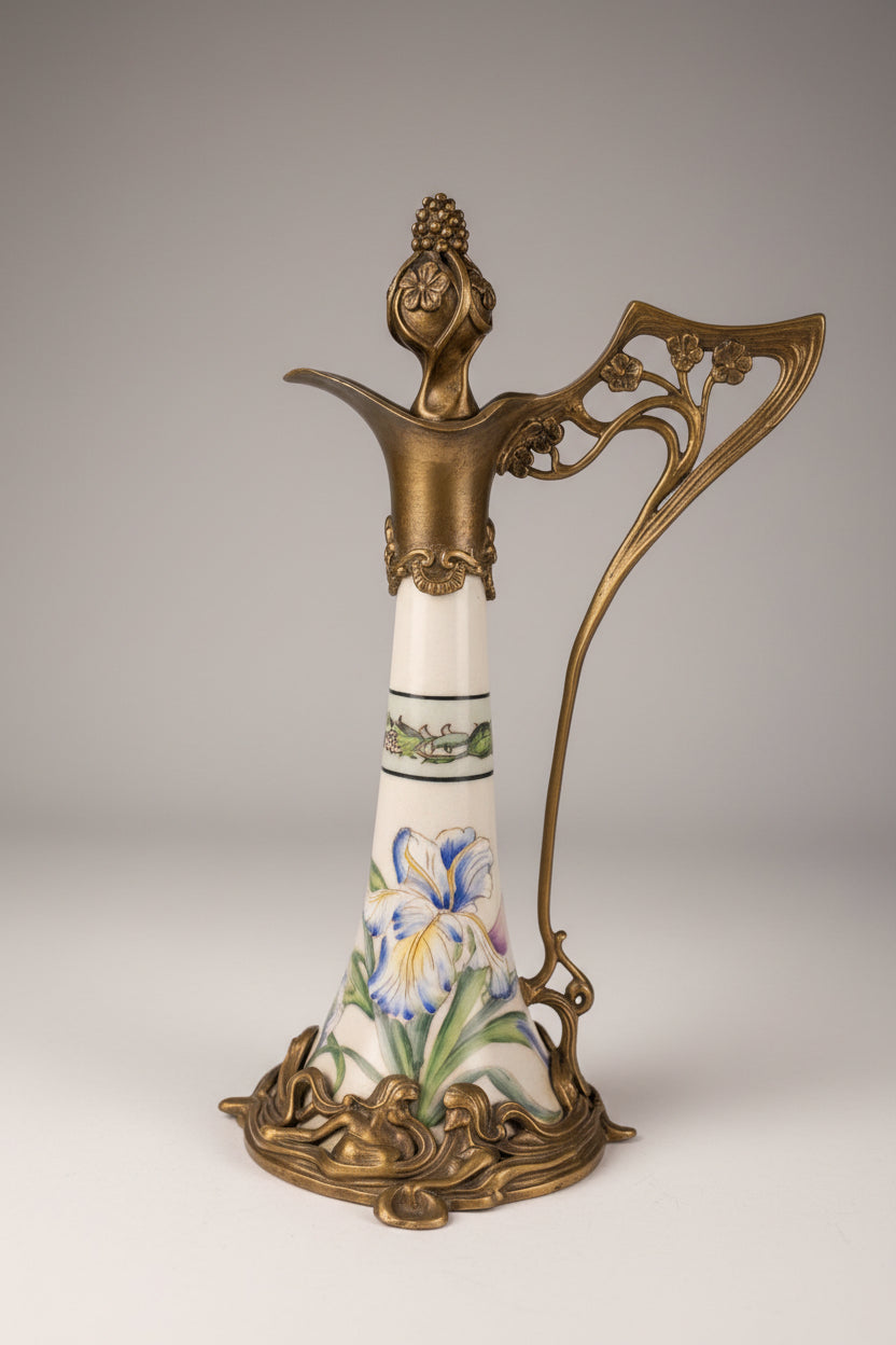 Pichet Jugendstil en bronze et porcelaine à décor d'iris et de motifs géométriques