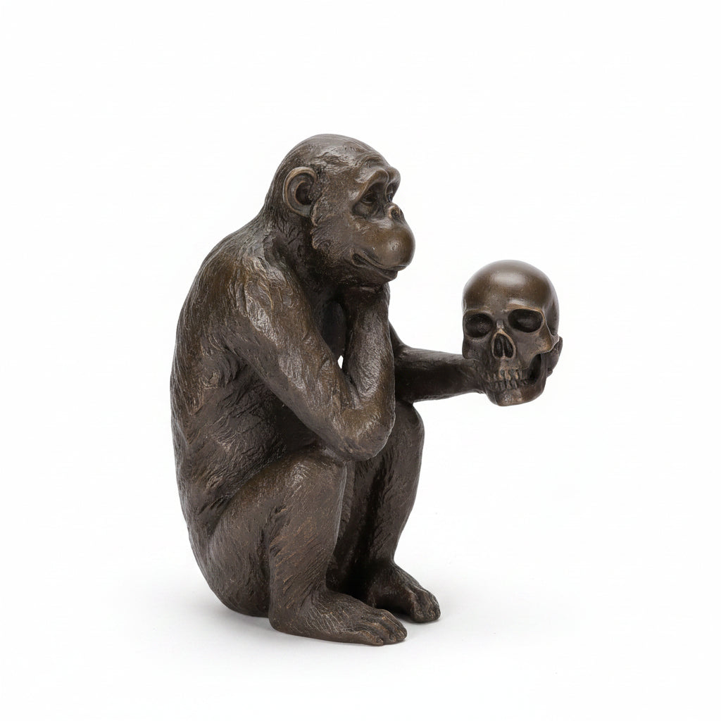 Figurine moderne en bronze, Singe pensif avec crâne – Signée, 100% bronze, 15 cm