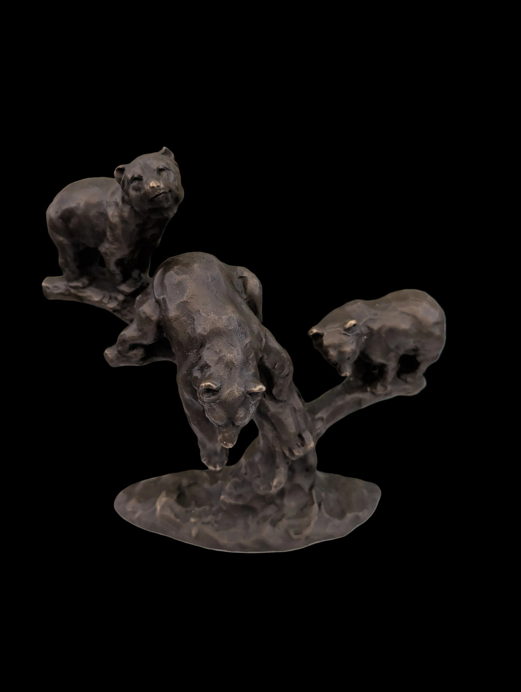 Sculpture en bronze Ours et ses petits jouant – sur socle en marbre blanc