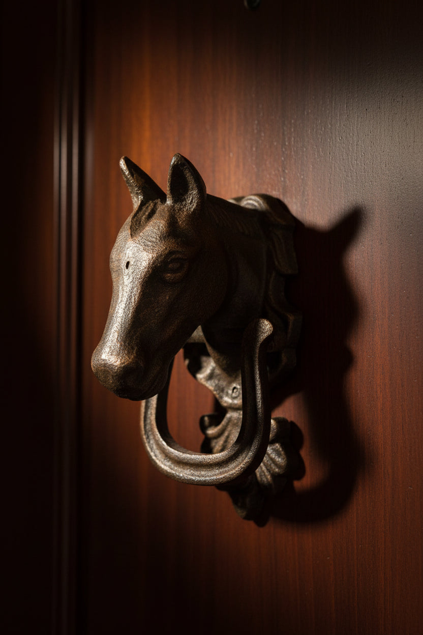 HEURTOIR VINTAGE EN FONTE AVEC TÊTE DE CHEVAL ET FER À CHEVAL