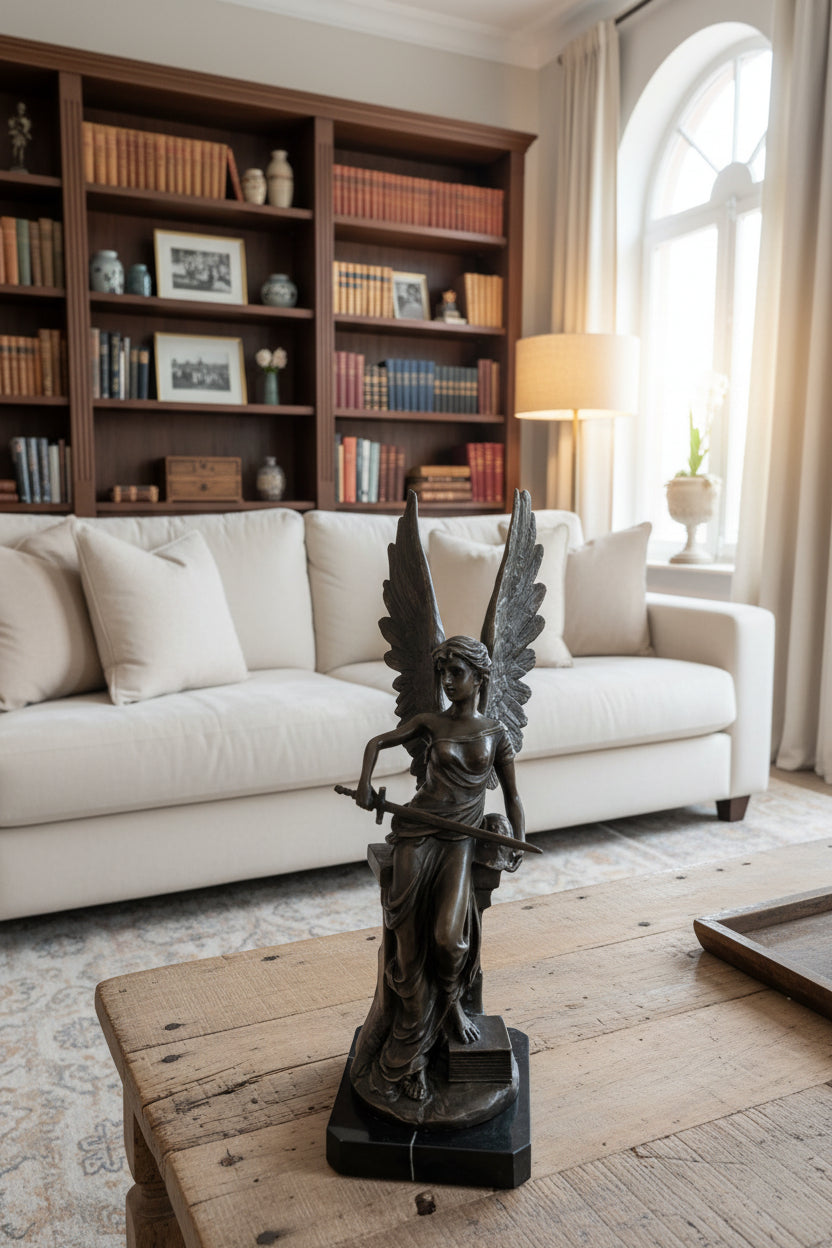 Sculpture en bronze Déesse romaine ailée sur socle en marbre – Signée, 55 cm, 9 kg